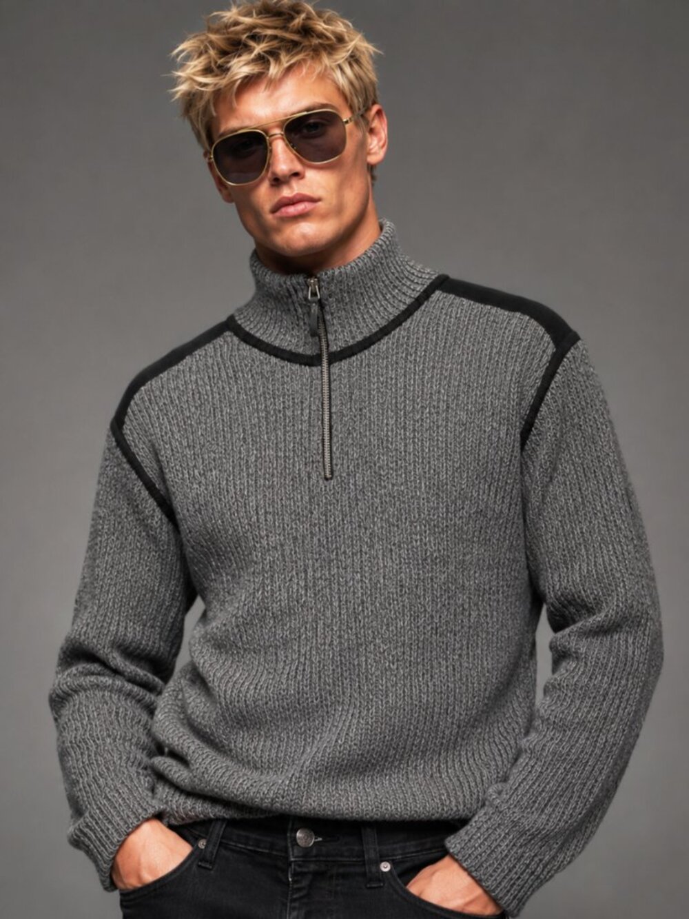 Calvin Klein Men`s XL Cotton Melange Grey Knit Quarter Zip Ribbed Sweater